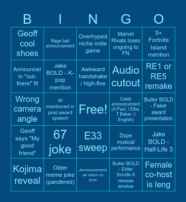 GAME AWARDS BINGO Card