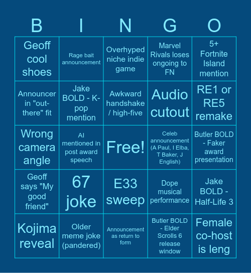 GAME AWARDS BINGO Card
