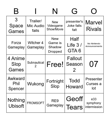 Game Award Bingo Card