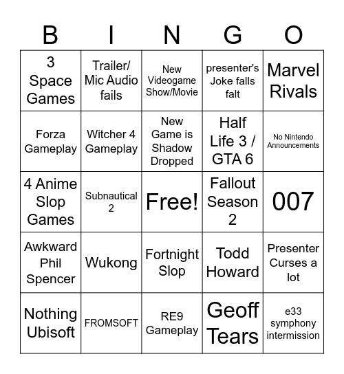 Game Award Bingo Card
