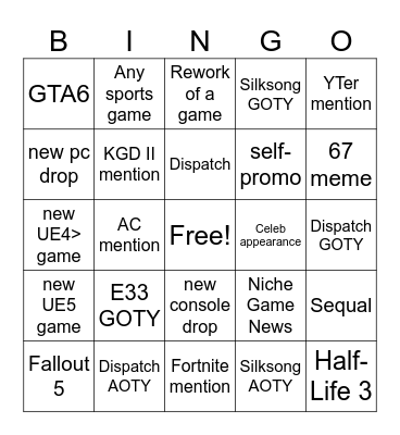 Game Awards Bingo Card