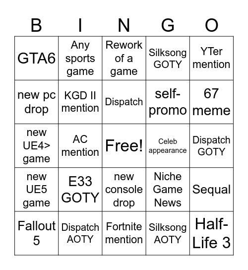 Game Awards Bingo Card