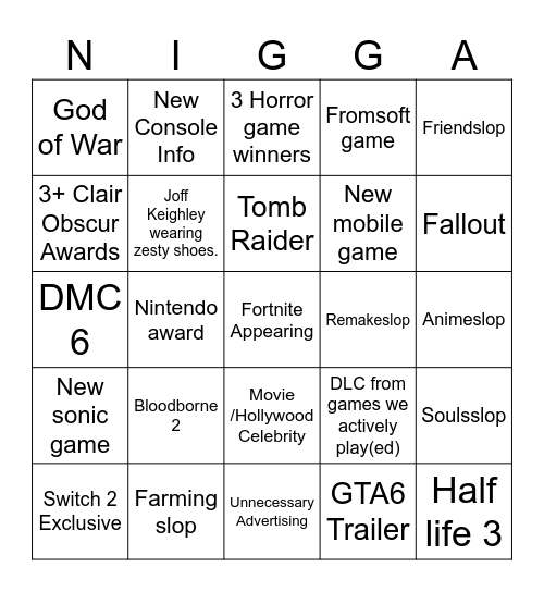 Game Awards 2025 Bingo Card