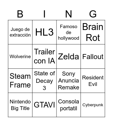 Game Awards Bingo Card