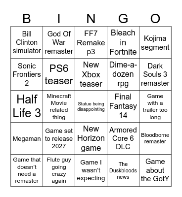 GOTY Bingo Card