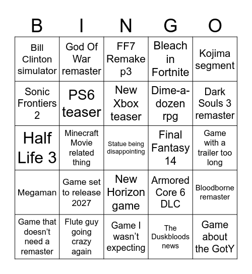 GOTY Bingo Card