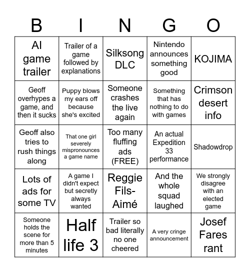 Game awards Bingo Card