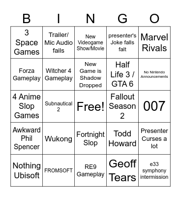 Game Award Bingo Card