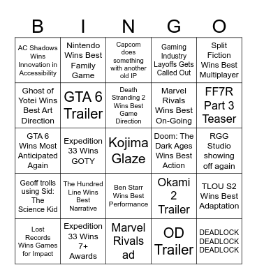 The Game Awards 2025 Bingo Card