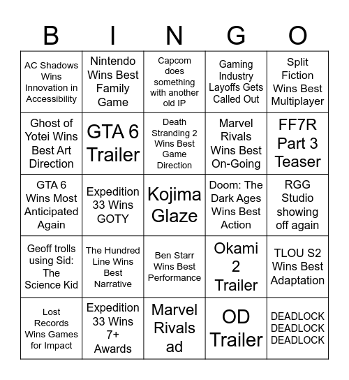 The Game Awards 2025 Bingo Card