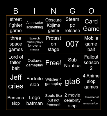 Game Award Bingo sheet Bingo Card