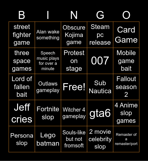 Game Award Bingo sheet Bingo Card