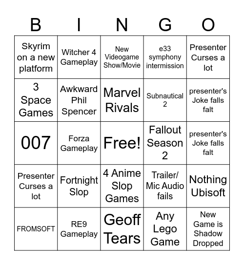 Game Award Bingo Card