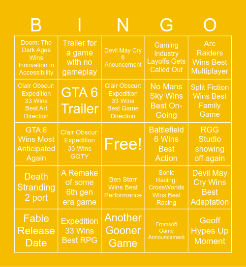 The Game Awards 2025 Bingo Card