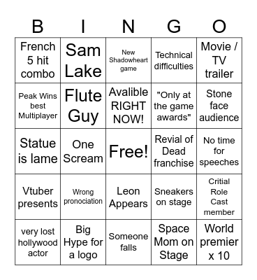 Game Awards 2025 Bingo Card