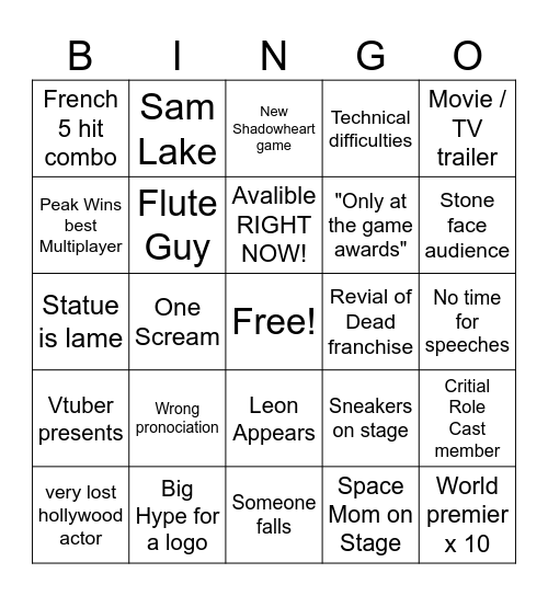 Game Awards 2025 Bingo Card