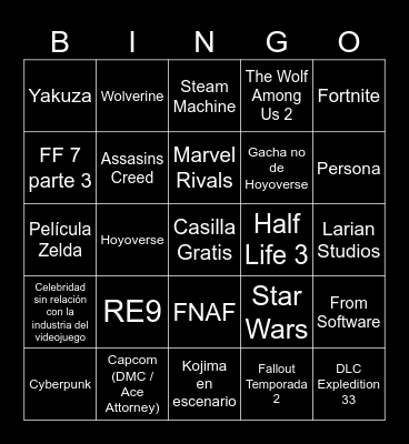 Bingo GOTY 2025 Bingo Card