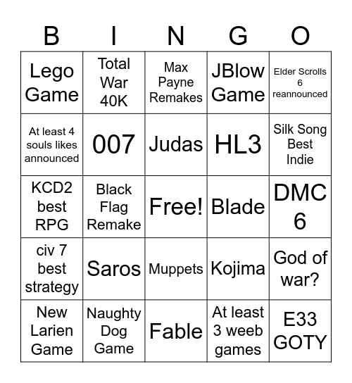 The Game Awards 2025 Bingo Card