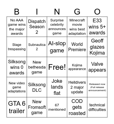 TGA Bingo Card