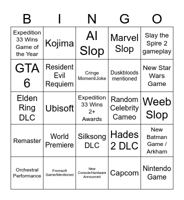 Game Awards 2025 Bingo Card