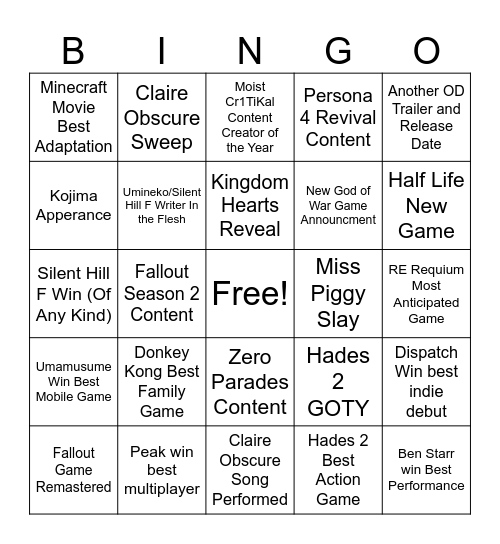 Game Awards Bingo Card