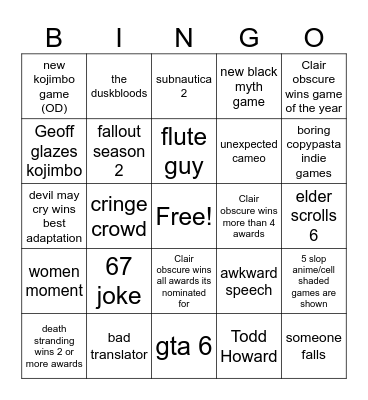 game awards 2025 Bingo Card