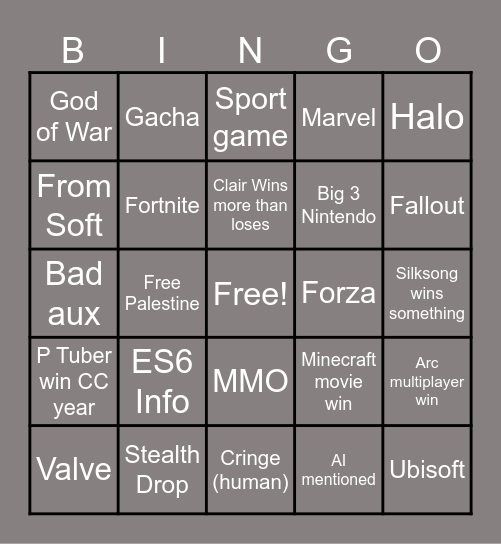 Game Awareness month Bingo Card