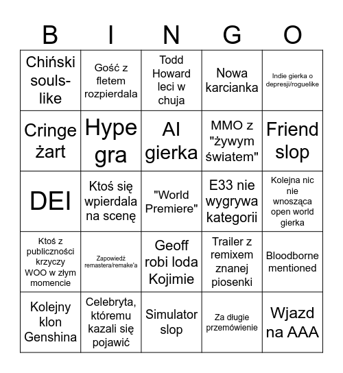 Game Awards Bingo Card