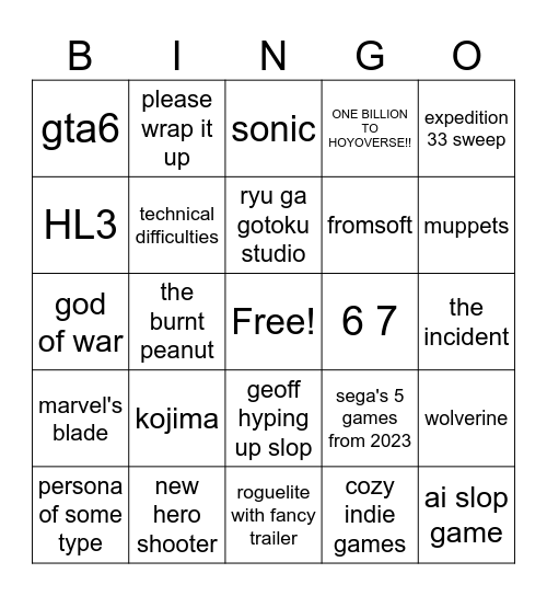 the slop awards Bingo Card