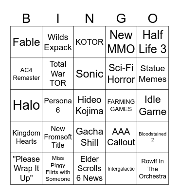 Game Awards Bingo Card