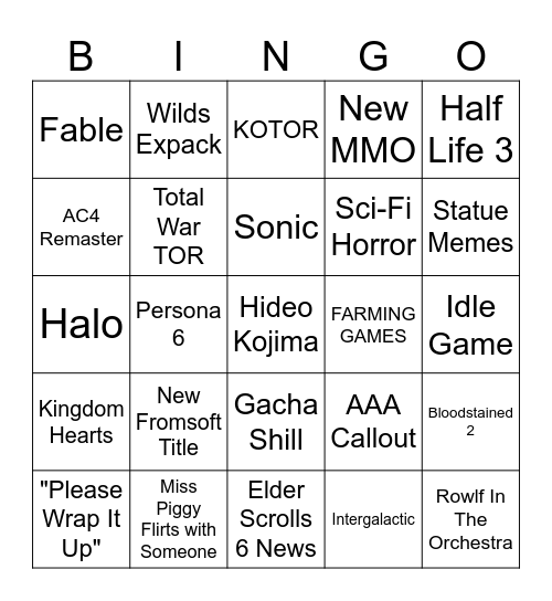 Game Awards Bingo Card