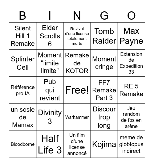 Game Awards 2025 Bingo Card