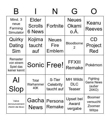 Game Awards 2025 Bingo Card