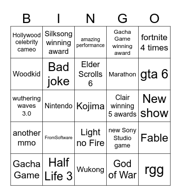 Game Awards 2025 Bingo Card