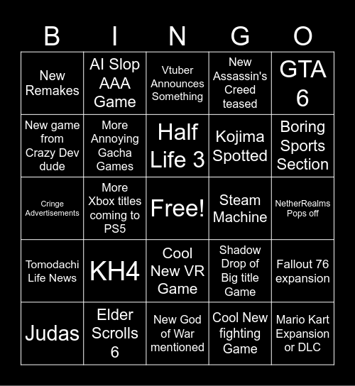 2025 Video Game Awards Bingo Card