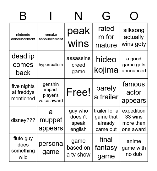 game awards bingo Card