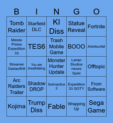 Game Awards 2025 Bingo Card