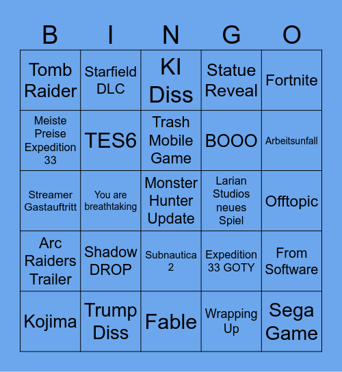 Game Awards 2025 Bingo Card