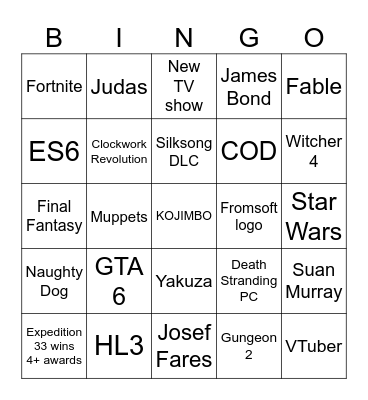Game Awards Bingo Card