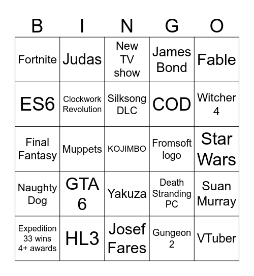 Game Awards Bingo Card