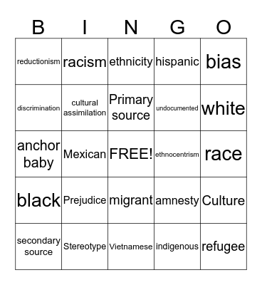Ethnic Studies Review Bingo Card