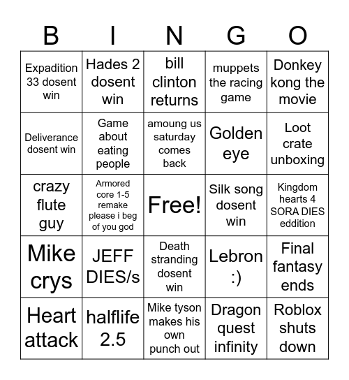 Game awards Bingo Card