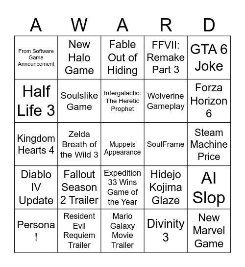 GAME Bingo Card