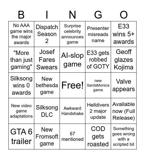 TGA Bingo Card