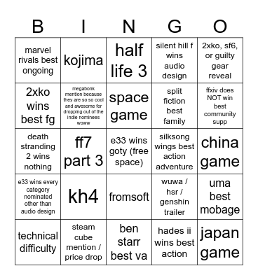 game award bingo Card