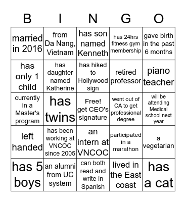 Get up, ask around and find someone who... Bingo Card