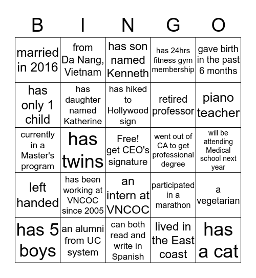 Get up, ask around and find someone who... Bingo Card