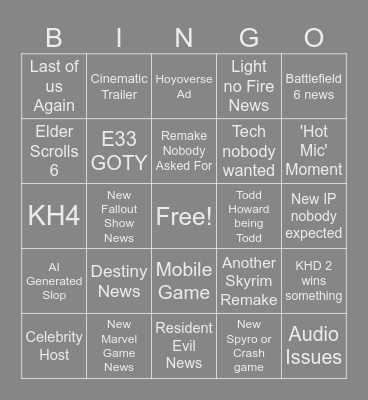 Game Awards Bingo Card