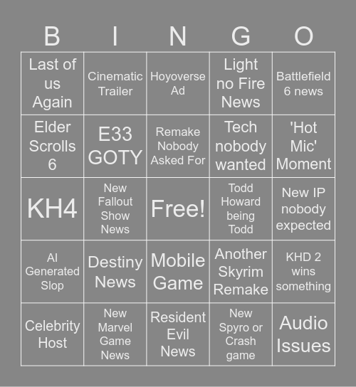 Game Awards Bingo Card
