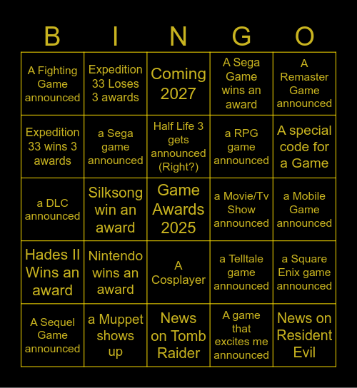 Game Awards 2025 Bingo Card